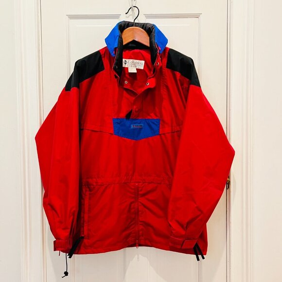 Vintage Colombia Pullover Anorak Jacket CoatMen’s L Red Blue Kangaroo Pocket
